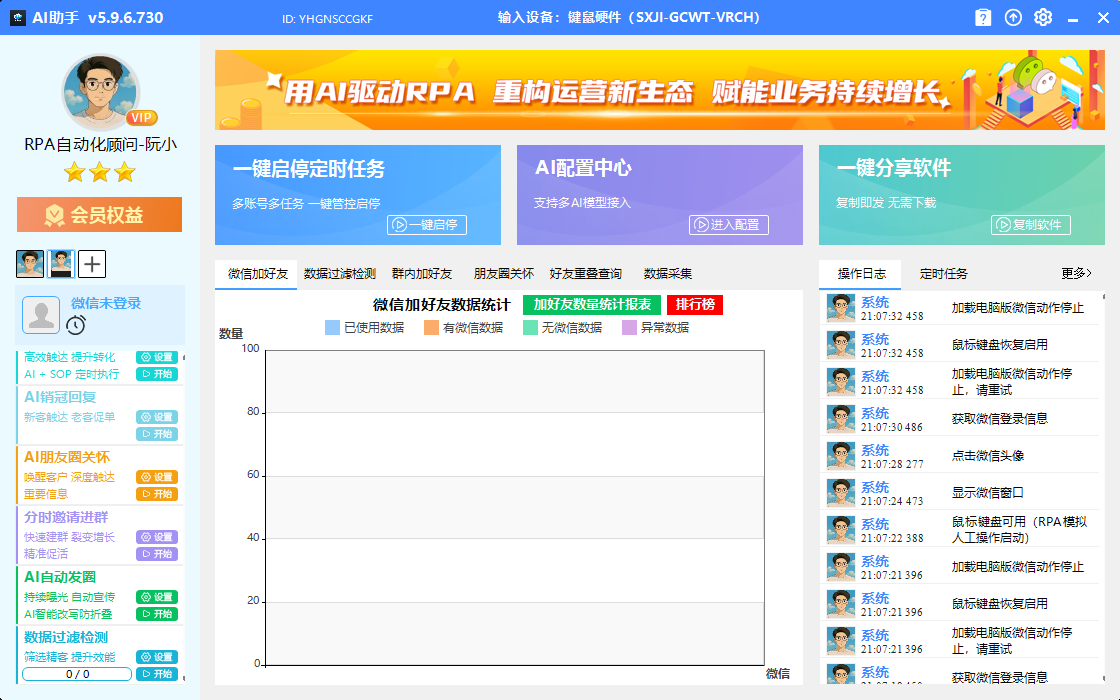 云视界 RPA 真实软件控制台界面,含任务管理、微信功能与操作日志